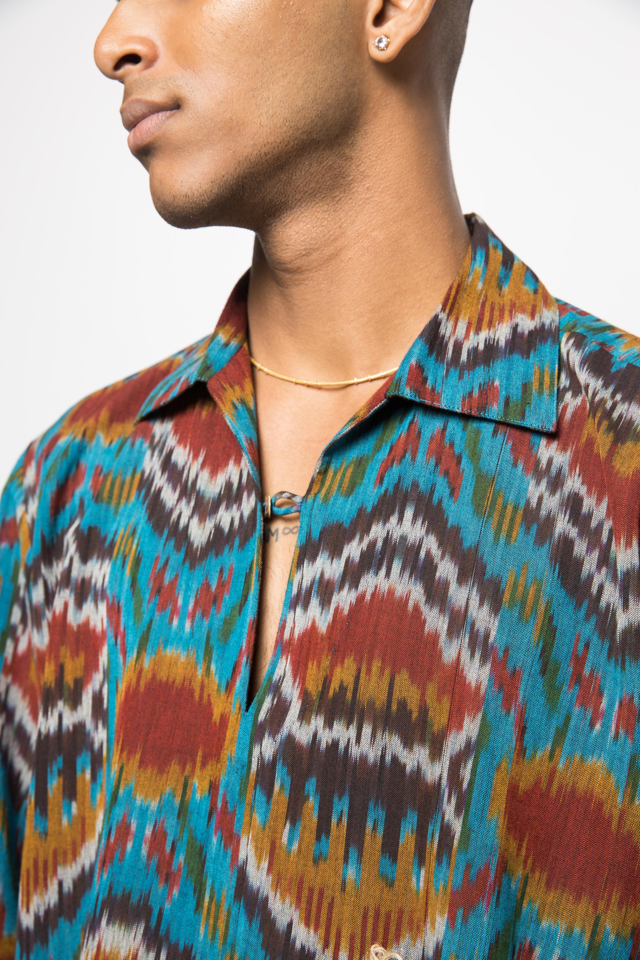 Easy Breezy Kaftan at kamakhyaa.com by Anushé Pirani. This item is 100% Cotton, Beach Wear, Brunch Wear, Casual Wear, Console Collection List, Cotton, Fresh Ink by Anushe Pirani, Handwoven cotton, Ikat Prints, Menswear, Regular Fit, Turquoise, Vacation Wear