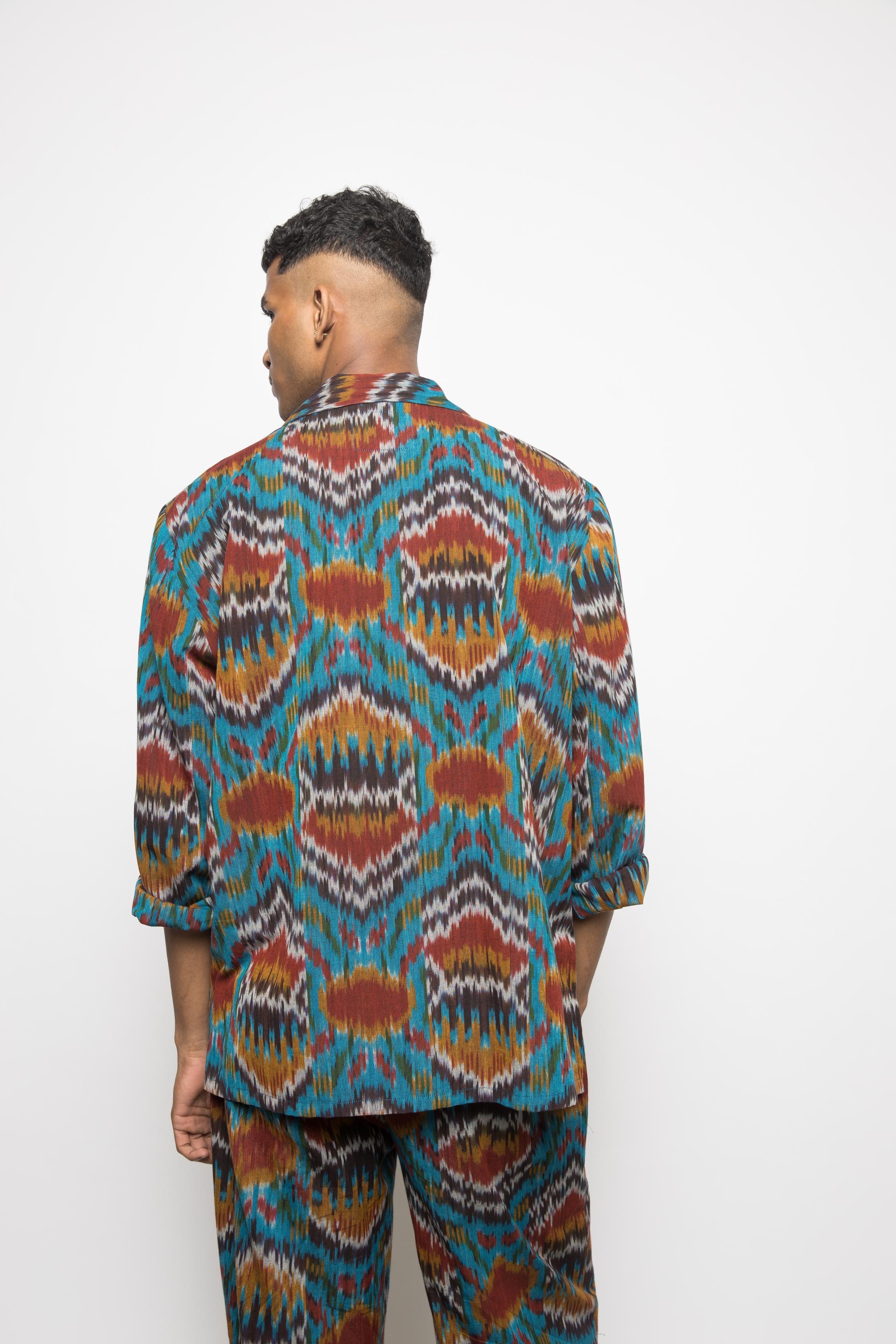 Easy Breezy Kaftan at kamakhyaa.com by Anushé Pirani. This item is 100% Cotton, Beach Wear, Brunch Wear, Casual Wear, Console Collection List, Cotton, Fresh Ink by Anushe Pirani, Handwoven cotton, Ikat Prints, Menswear, Regular Fit, Turquoise, Vacation Wear