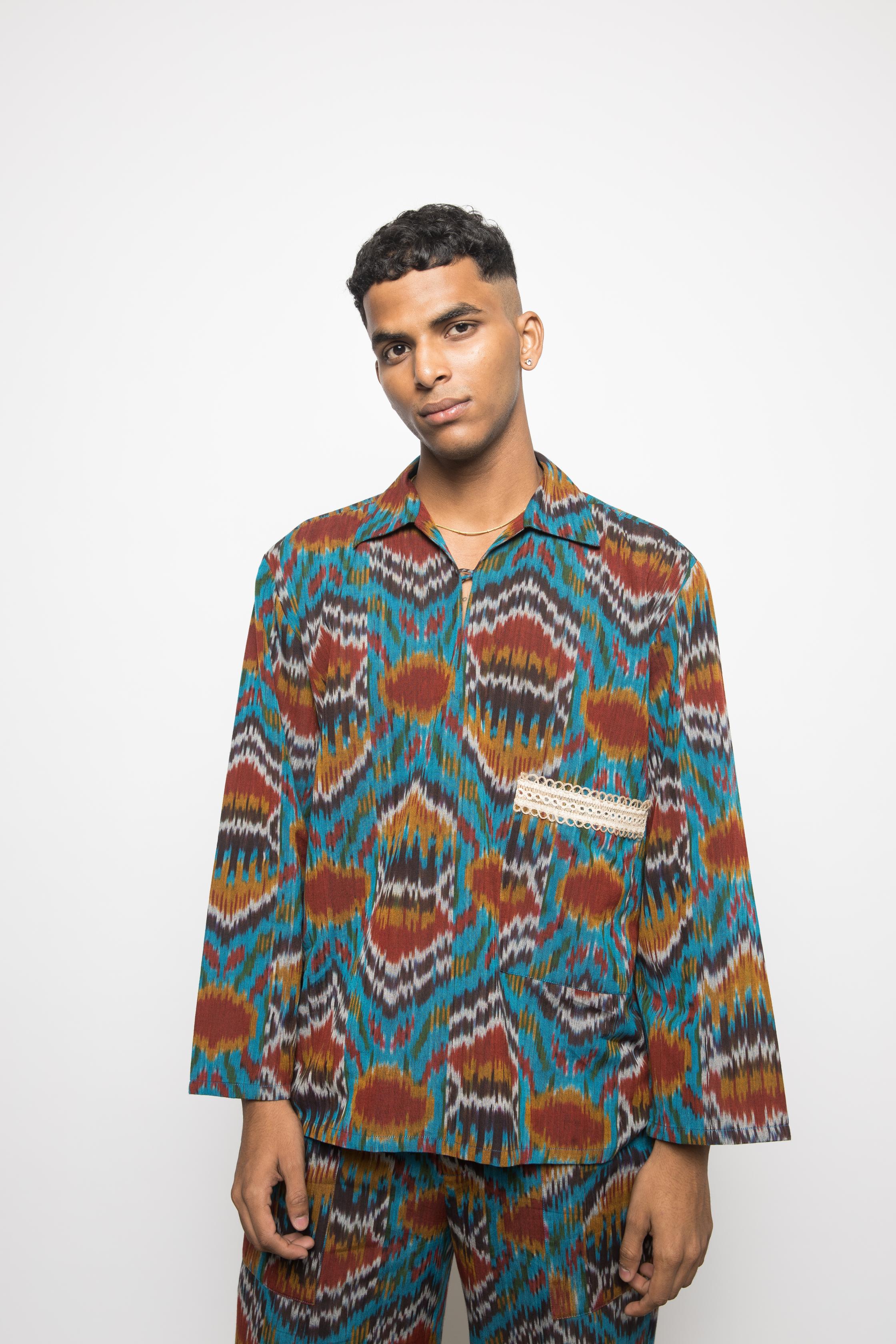 Easy Breezy Kaftan at kamakhyaa.com by Anushé Pirani. This item is 100% Cotton, Beach Wear, Brunch Wear, Casual Wear, Console Collection List, Cotton, Fresh Ink by Anushe Pirani, Handwoven cotton, Ikat Prints, Menswear, Regular Fit, Turquoise, Vacation Wear