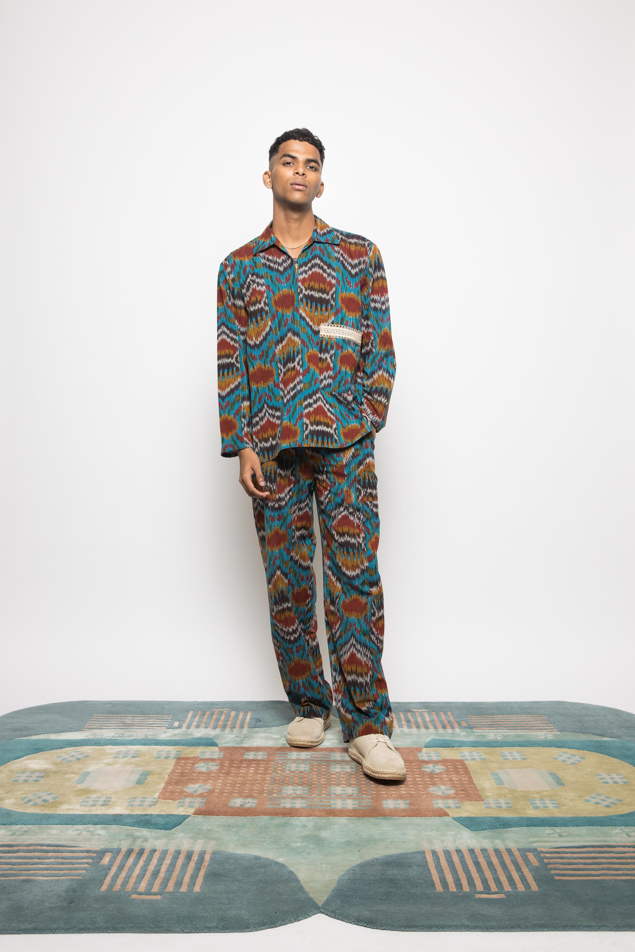 Easy Breezy Kaftan at kamakhyaa.com by Anushé Pirani. This item is 100% Cotton, Beach Wear, Brunch Wear, Casual Wear, Console Collection List, Cotton, Fresh Ink by Anushe Pirani, Handwoven cotton, Ikat Prints, Menswear, Regular Fit, Turquoise, Vacation Wear