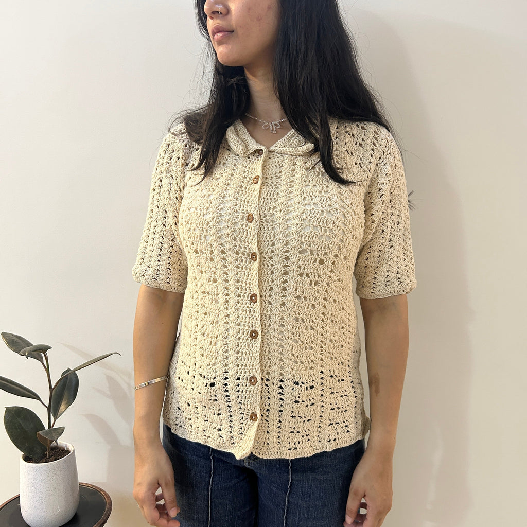 Ecru Loom Lines Crochet Shirt at Kamakhyaa by Ikriit'm. This item is Bloom by Ikriit'm, Casual Wear, Cotton, Crochet, Crochet Apparel, Off-white, Relaxed Fit, Under $100, Womenswear