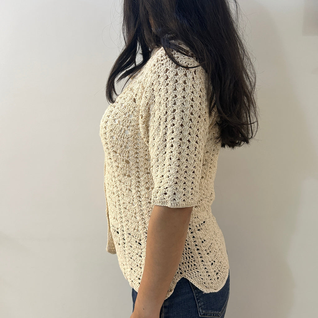 Ecru Loom Lines Crochet Shirt at Kamakhyaa by Ikriit'm. This item is Bloom by Ikriit'm, Casual Wear, Cotton, Crochet, Crochet Apparel, Off-white, Relaxed Fit, Under $100, Womenswear