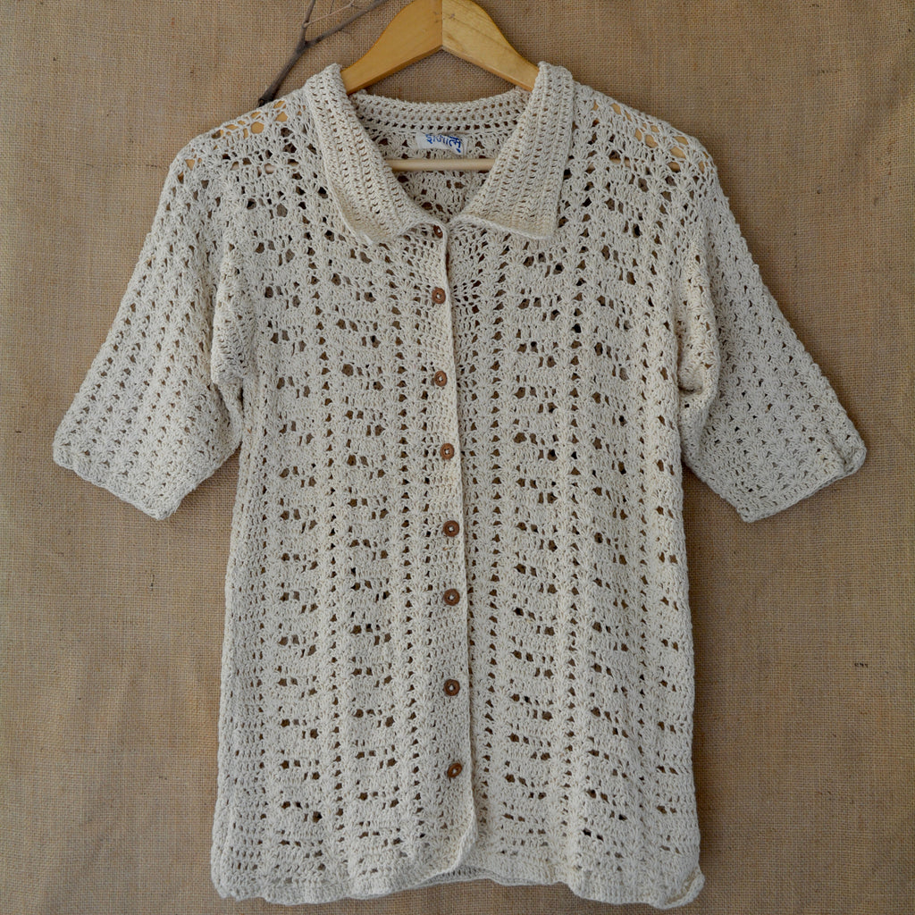 Ecru Loom Lines Crochet Shirt at Kamakhyaa by Ikriit'm. This item is Bloom by Ikriit'm, Casual Wear, Cotton, Crochet, Crochet Apparel, Off-white, Relaxed Fit, Under $100, Womenswear