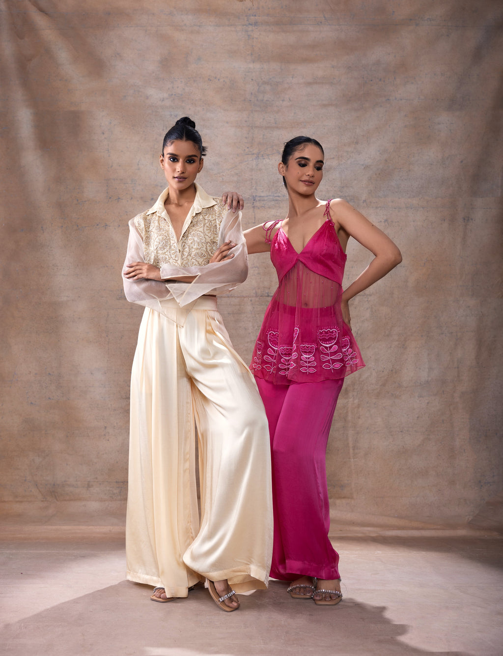 Emboridered Crop Shirt with Flared Pant Set at Kamakhyaa by Akashi Clothing. This item is Co-ord Sets, Evening Wear, Festive Wear, Hand Embroidered, missing, Modal Satin, Off-white, Organza, Party Wear, Party Wear Co-ord Sets, Relaxed Fit, White, Womenswear, Zaira by Akashi Clothing