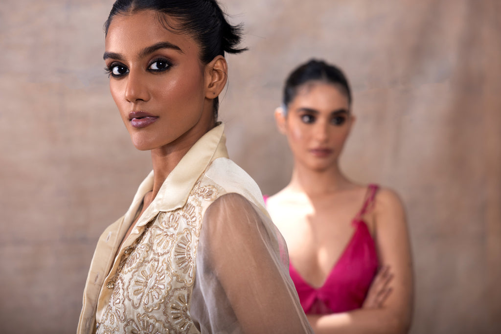 Emboridered Crop Shirt with Flared Pant Set at Kamakhyaa by Akashi Clothing. This item is Co-ord Sets, Evening Wear, Festive Wear, Hand Embroidered, missing, Modal Satin, Off-white, Organza, Party Wear, Party Wear Co-ord Sets, Relaxed Fit, White, Womenswear, Zaira by Akashi Clothing