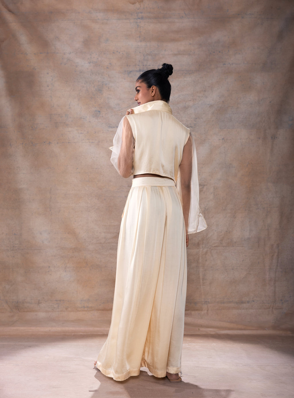 Emboridered Crop Shirt with Flared Pant Set at Kamakhyaa by Akashi Clothing. This item is Co-ord Sets, Evening Wear, Festive Wear, Hand Embroidered, missing, Modal Satin, Off-white, Organza, Party Wear, Party Wear Co-ord Sets, Relaxed Fit, White, Womenswear, Zaira by Akashi Clothing