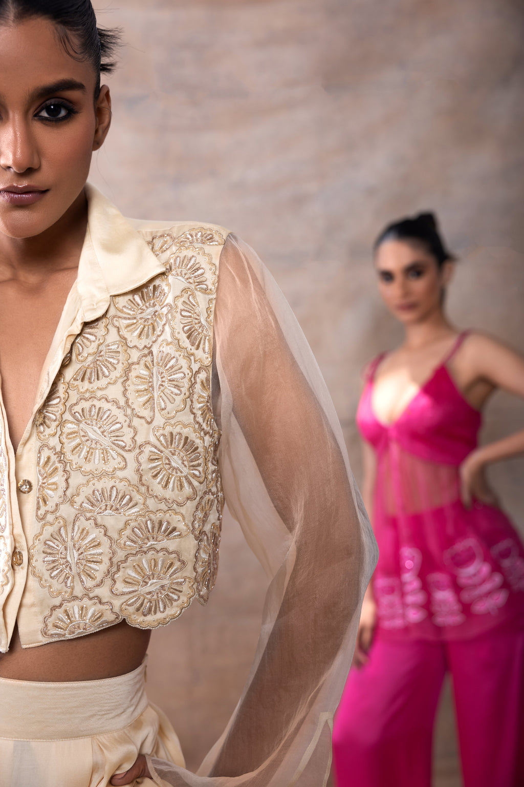 Emboridered Crop Shirt with Flared Pant Set at Kamakhyaa by Akashi Clothing. This item is Co-ord Sets, Evening Wear, Festive Wear, Hand Embroidered, missing, Modal Satin, Off-white, Organza, Party Wear, Party Wear Co-ord Sets, Relaxed Fit, White, Womenswear, Zaira by Akashi Clothing