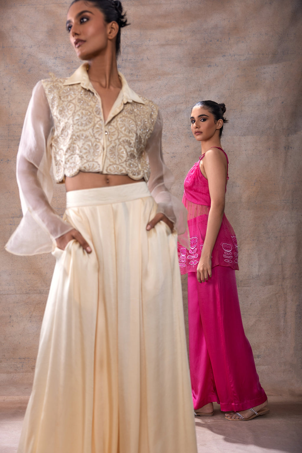 Emboridered Crop Shirt with Flared Pant Set at Kamakhyaa by Akashi Clothing. This item is Co-ord Sets, Evening Wear, Festive Wear, Hand Embroidered, missing, Modal Satin, Off-white, Organza, Party Wear, Party Wear Co-ord Sets, Relaxed Fit, White, Womenswear, Zaira by Akashi Clothing