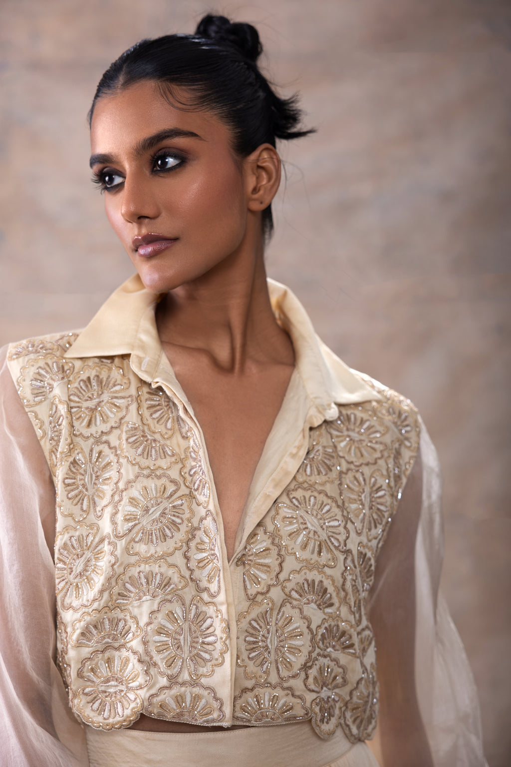 Emboridered Crop Shirt with Flared Pant Set at Kamakhyaa by Akashi Clothing. This item is Co-ord Sets, Evening Wear, Festive Wear, Hand Embroidered, missing, Modal Satin, Off-white, Organza, Party Wear, Party Wear Co-ord Sets, Relaxed Fit, White, Womenswear, Zaira by Akashi Clothing