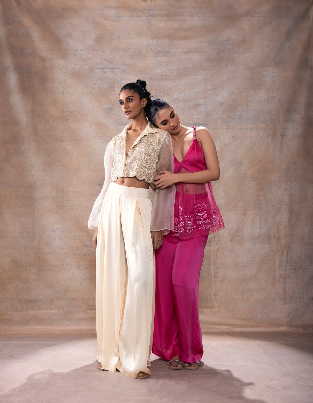 Emboridered Crop Shirt with Flared Pant Set at Kamakhyaa by Akashi Clothing. This item is Co-ord Sets, Evening Wear, Festive Wear, Hand Embroidered, missing, Modal Satin, Off-white, Organza, Party Wear, Party Wear Co-ord Sets, Relaxed Fit, White, Womenswear, Zaira by Akashi Clothing