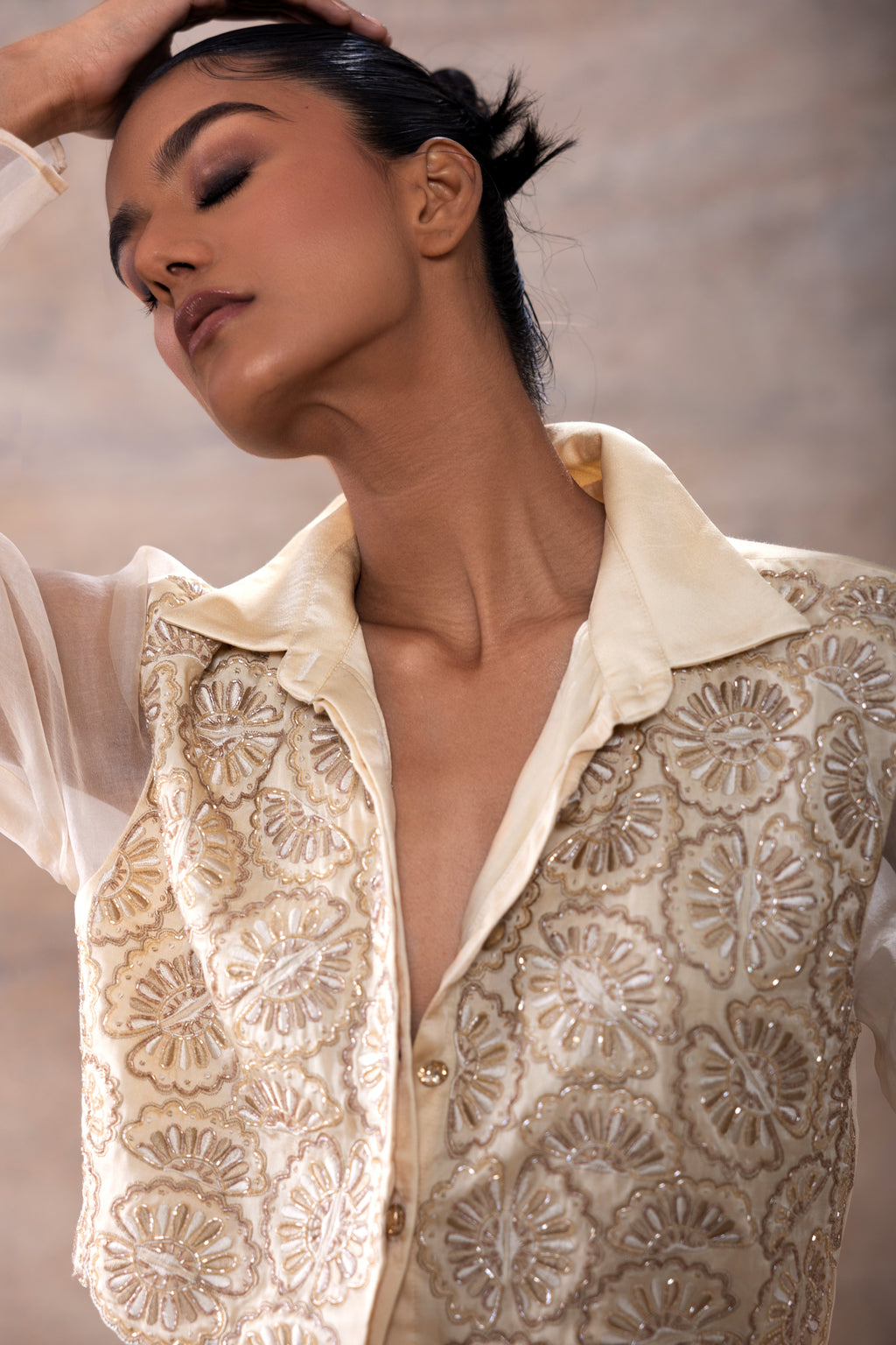 Emboridered Crop Shirt with Flared Pant Set at Kamakhyaa by Akashi Clothing. This item is Co-ord Sets, Evening Wear, Festive Wear, Hand Embroidered, missing, Modal Satin, Off-white, Organza, Party Wear, Party Wear Co-ord Sets, Relaxed Fit, White, Womenswear, Zaira by Akashi Clothing