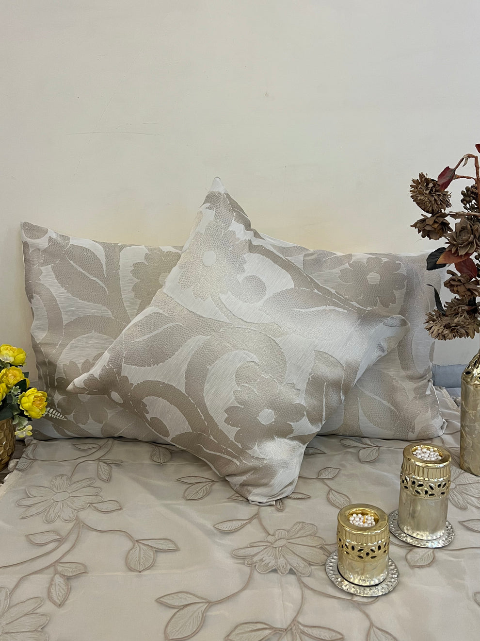 Embossed Ivory Cushion Cover Sets at Kamakhyaa by Aetherea. This item is Cotton, Cushion covers, Embossed, Made from Natural Materials, Upcycled, Upcycled Cotton