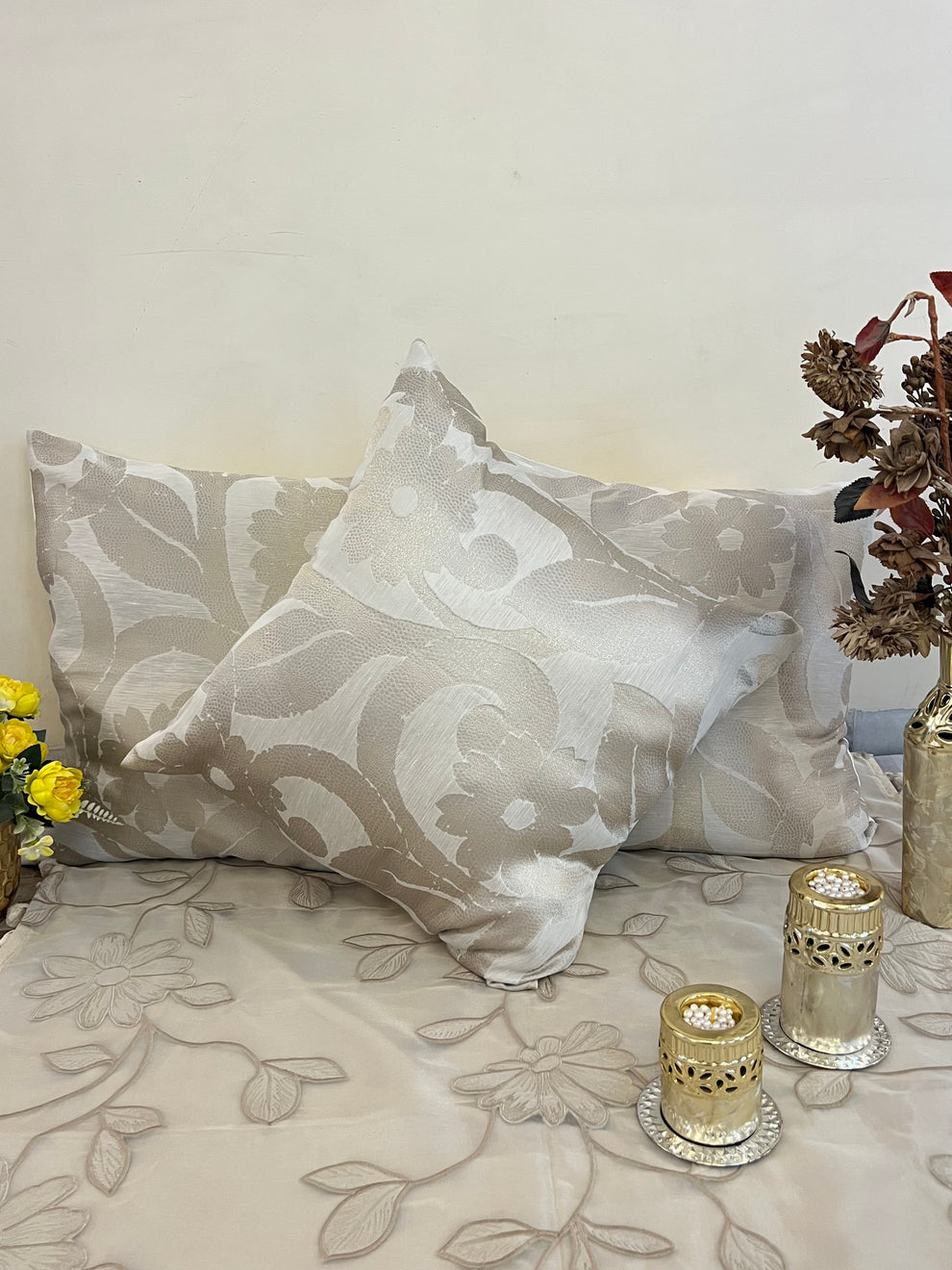 Embossed Ivory Cushion Cover Sets at Kamakhyaa by Aetherea. This item is Cotton, Cushion covers, Embossed, Made from Natural Materials, Upcycled, Upcycled Cotton