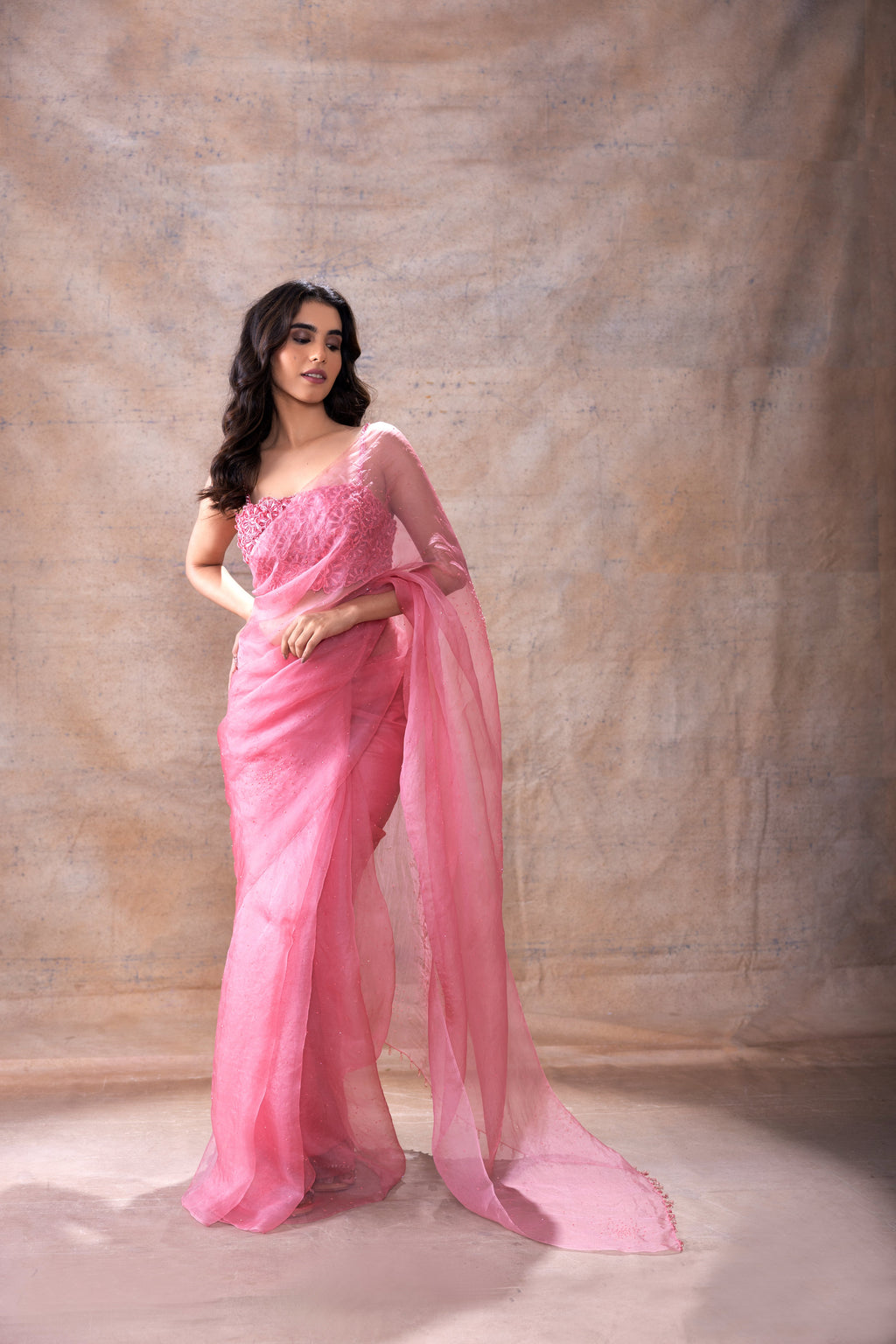 Embroidered Blouse and Organza Saree at Kamakhyaa by Akashi Clothing. This item is Ethnic Wear, Festive Wear, Free Size, Hand Embroidered, Indian Wear, Modal Satin, Organza, Organza Saree, Party Wear, Pink, Saree Blouses, Saree Sets, Sarees, Wedding Wear, Womenswear, Zaira by Akashi Clothing