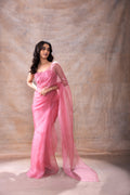 Embroidered Blouse and Organza Saree at Kamakhyaa by Akashi Clothing. This item is Ethnic Wear, Festive Wear, Free Size, Hand Embroidered, Indian Wear, Modal Satin, Organza, Organza Saree, Party Wear, Pink, Saree Blouses, Saree Sets, Sarees, Wedding Wear, Womenswear, Zaira by Akashi Clothing