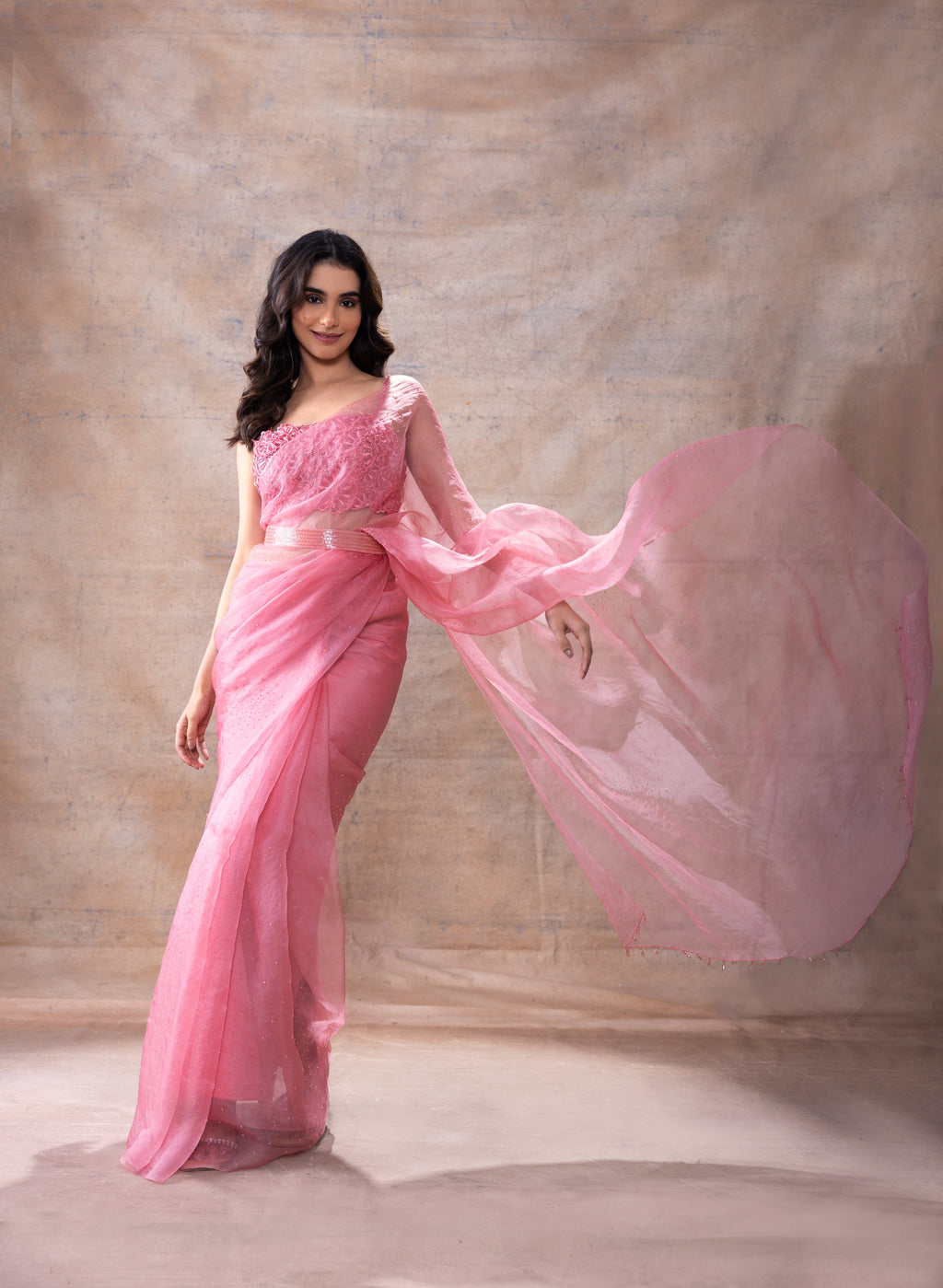 Embroidered Blouse and Organza Saree at Kamakhyaa by Akashi Clothing. This item is Ethnic Wear, Festive Wear, Free Size, Hand Embroidered, Indian Wear, Modal Satin, Organza, Organza Saree, Party Wear, Pink, Saree Blouses, Saree Sets, Sarees, Wedding Wear, Womenswear, Zaira by Akashi Clothing