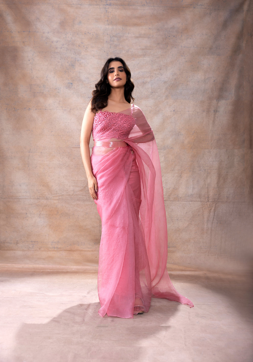 Embroidered Blouse and Organza Saree at Kamakhyaa by Akashi Clothing. This item is Ethnic Wear, Festive Wear, Free Size, Hand Embroidered, Indian Wear, Modal Satin, Organza, Organza Saree, Party Wear, Pink, Saree Blouses, Saree Sets, Sarees, Wedding Wear, Womenswear, Zaira by Akashi Clothing