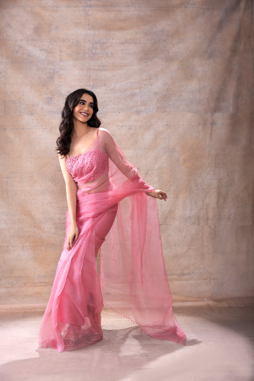 Embroidered Blouse and Organza Saree at Kamakhyaa by Akashi Clothing. This item is Ethnic Wear, Festive Wear, Free Size, Hand Embroidered, Indian Wear, Modal Satin, Organza, Organza Saree, Party Wear, Pink, Saree Blouses, Saree Sets, Sarees, Wedding Wear, Womenswear, Zaira by Akashi Clothing