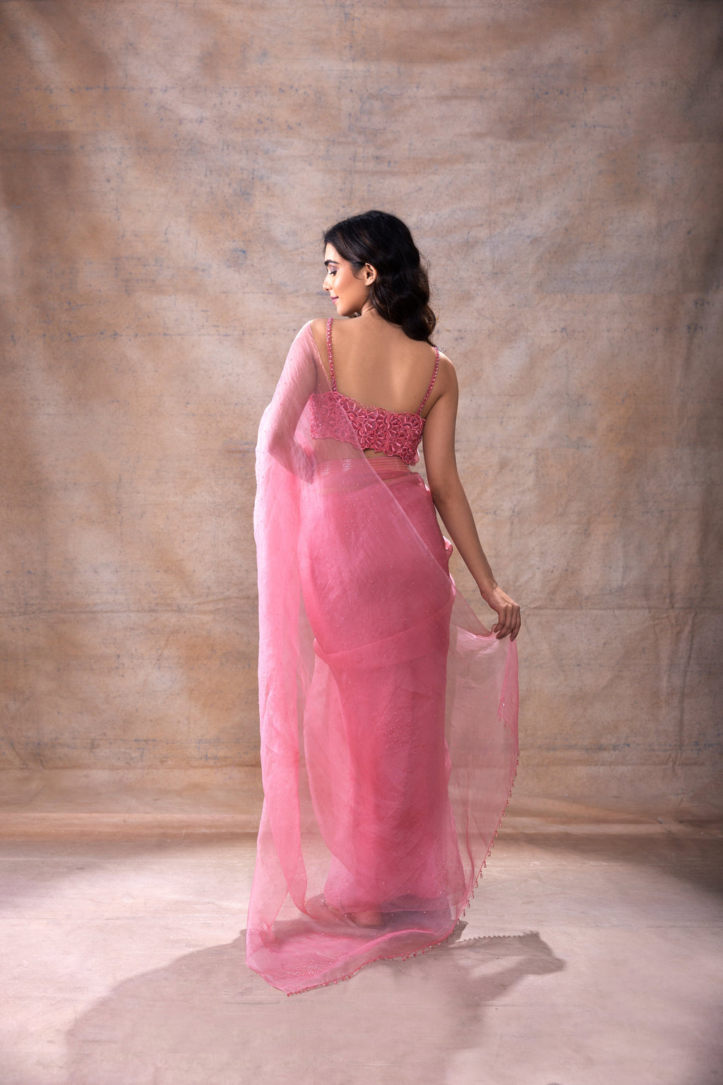 Embroidered Blouse and Organza Saree at Kamakhyaa by Akashi Clothing. This item is Ethnic Wear, Festive Wear, Free Size, Hand Embroidered, Indian Wear, Modal Satin, Organza, Organza Saree, Party Wear, Pink, Saree Blouses, Saree Sets, Sarees, Wedding Wear, Womenswear, Zaira by Akashi Clothing