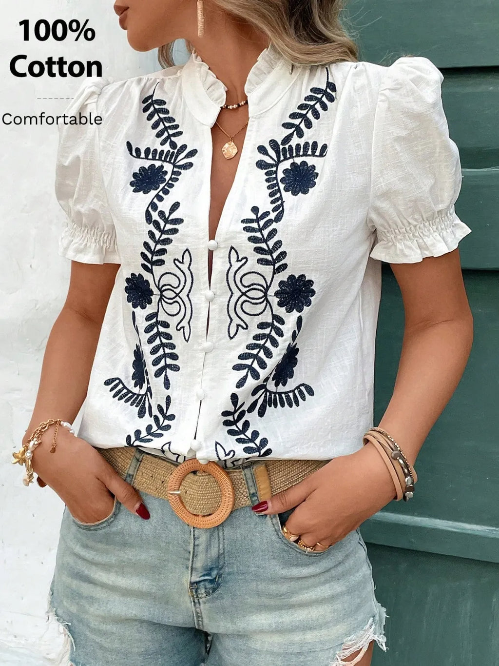 Embroidered Frill Notched Short Sleeve Blouse at kamakhyaa.com by Trendsi. This item is Axelle, Ship From Overseas, Under $50