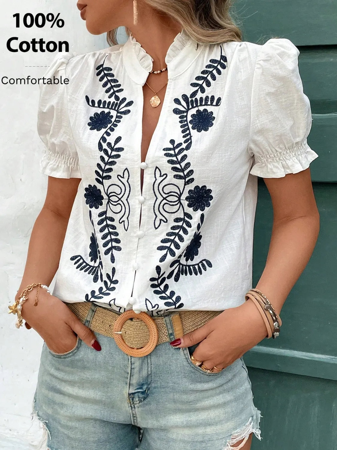Embroidered Frill Notched Short Sleeve Blouse at kamakhyaa.com by Trendsi. This item is Axelle, Ship From Overseas, Under $50