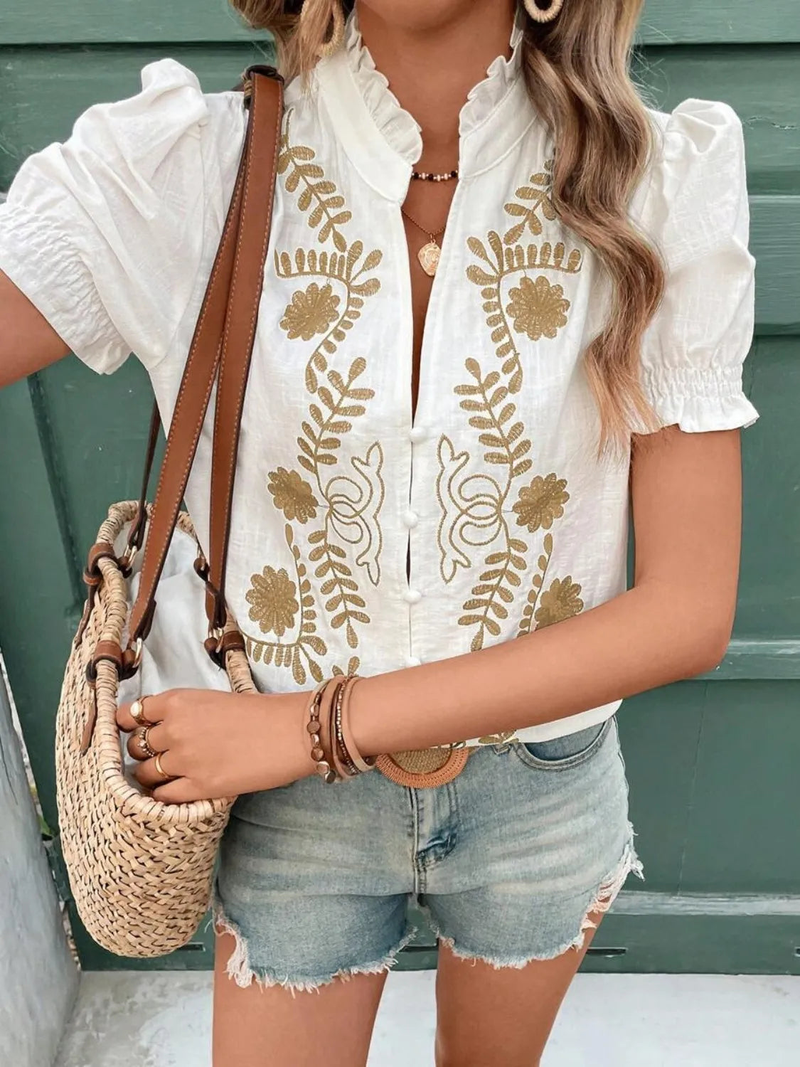 Embroidered Frill Notched Short Sleeve Blouse at kamakhyaa.com by Trendsi. This item is Axelle, Ship From Overseas, Under $50