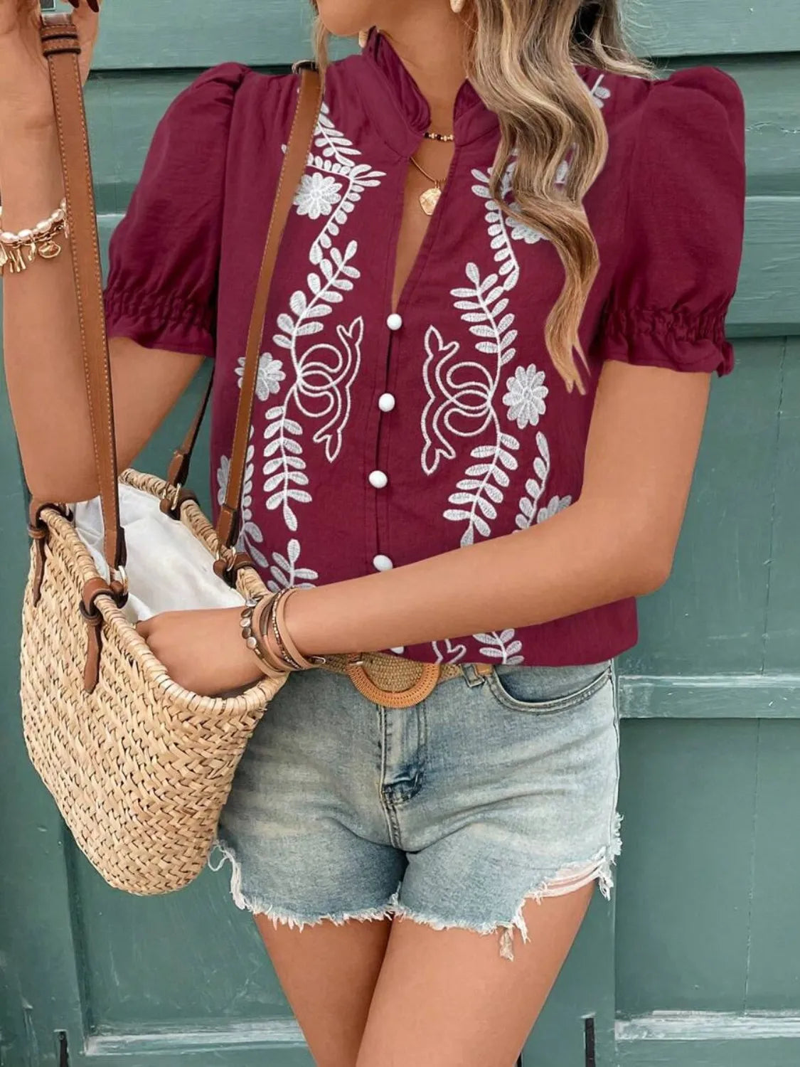 Embroidered Frill Notched Short Sleeve Blouse at kamakhyaa.com by Trendsi. This item is Axelle, Ship From Overseas, Under $50