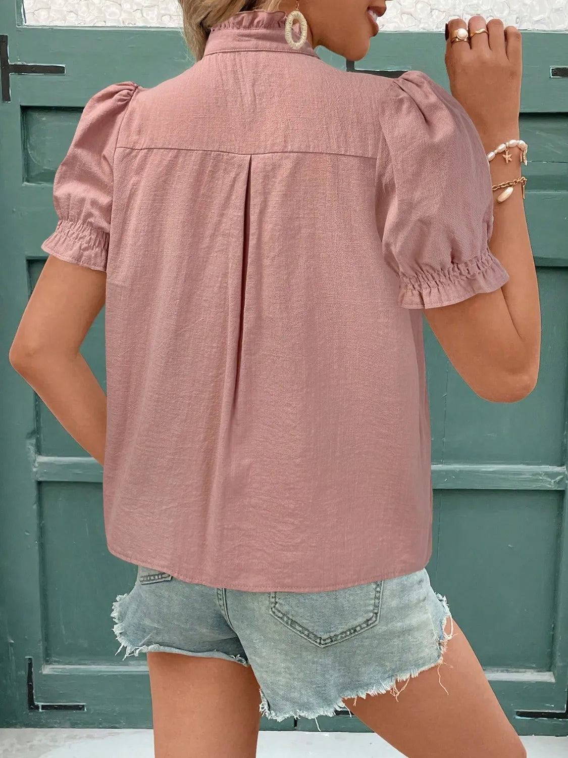 Embroidered Frill Notched Short Sleeve Blouse at kamakhyaa.com by Trendsi. This item is Axelle, Ship From Overseas, Under $50