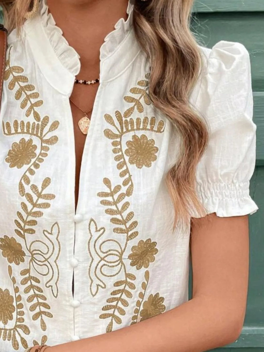 Embroidered Frill Notched Short Sleeve Blouse at kamakhyaa.com by Trendsi. This item is Axelle, Ship From Overseas, Under $50
