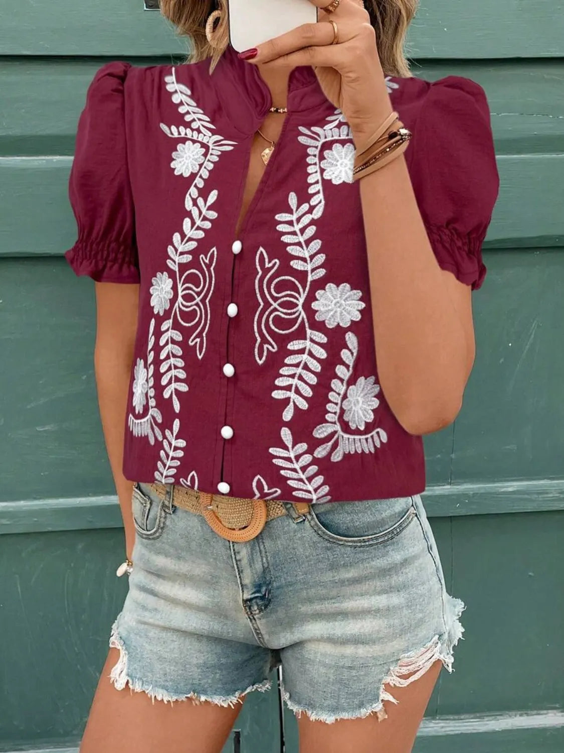 Embroidered Frill Notched Short Sleeve Blouse at kamakhyaa.com by Trendsi. This item is Axelle, Ship From Overseas, Under $50