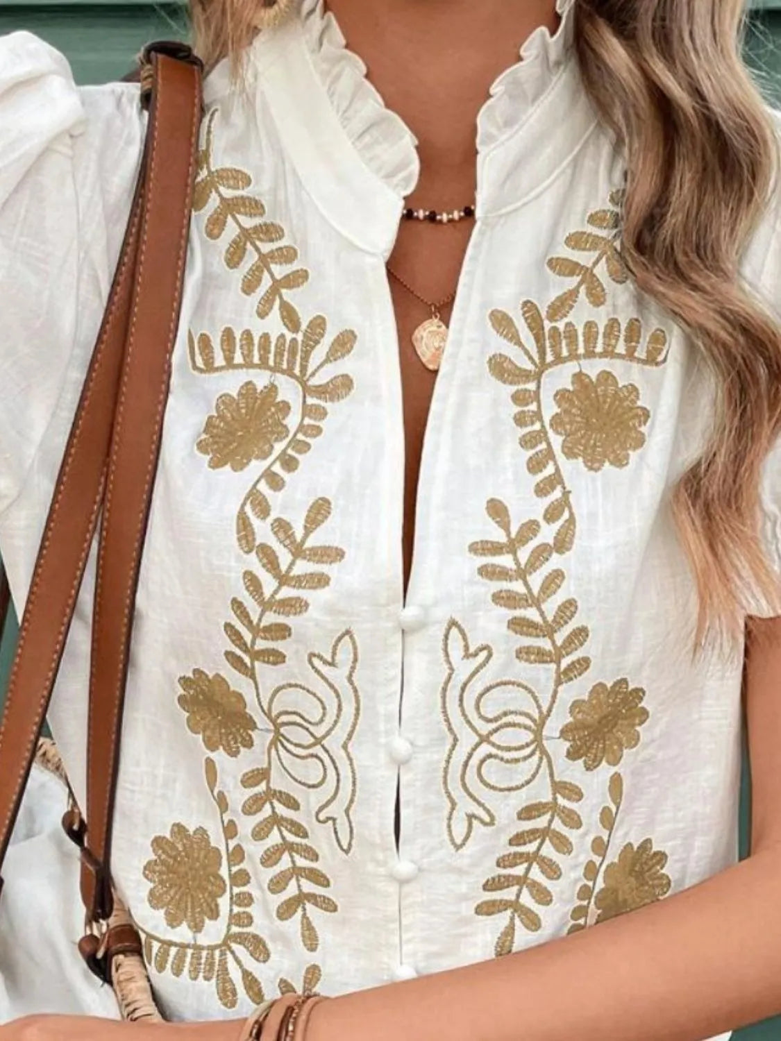 Embroidered Frill Notched Short Sleeve Blouse at kamakhyaa.com by Trendsi. This item is Axelle, Ship From Overseas, Under $50