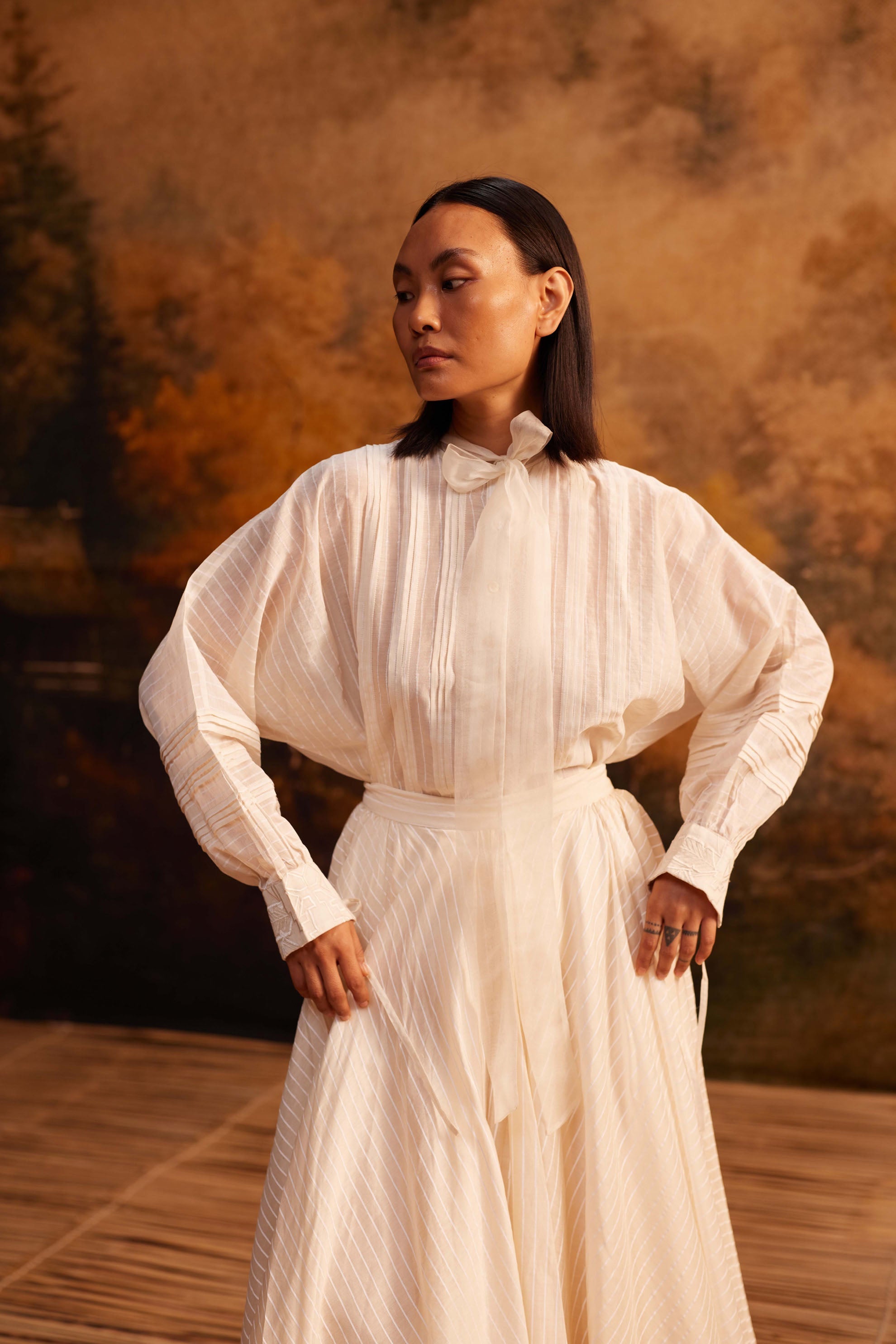 Enso Stripe Skirt at Kamakhyaa by Ahmev. This item is Bottom, Cotton Silk, Ivory, Maximum Minimum by Ahmev, Missing image, Prints, Relaxed Fit, Skirt, Womenswear