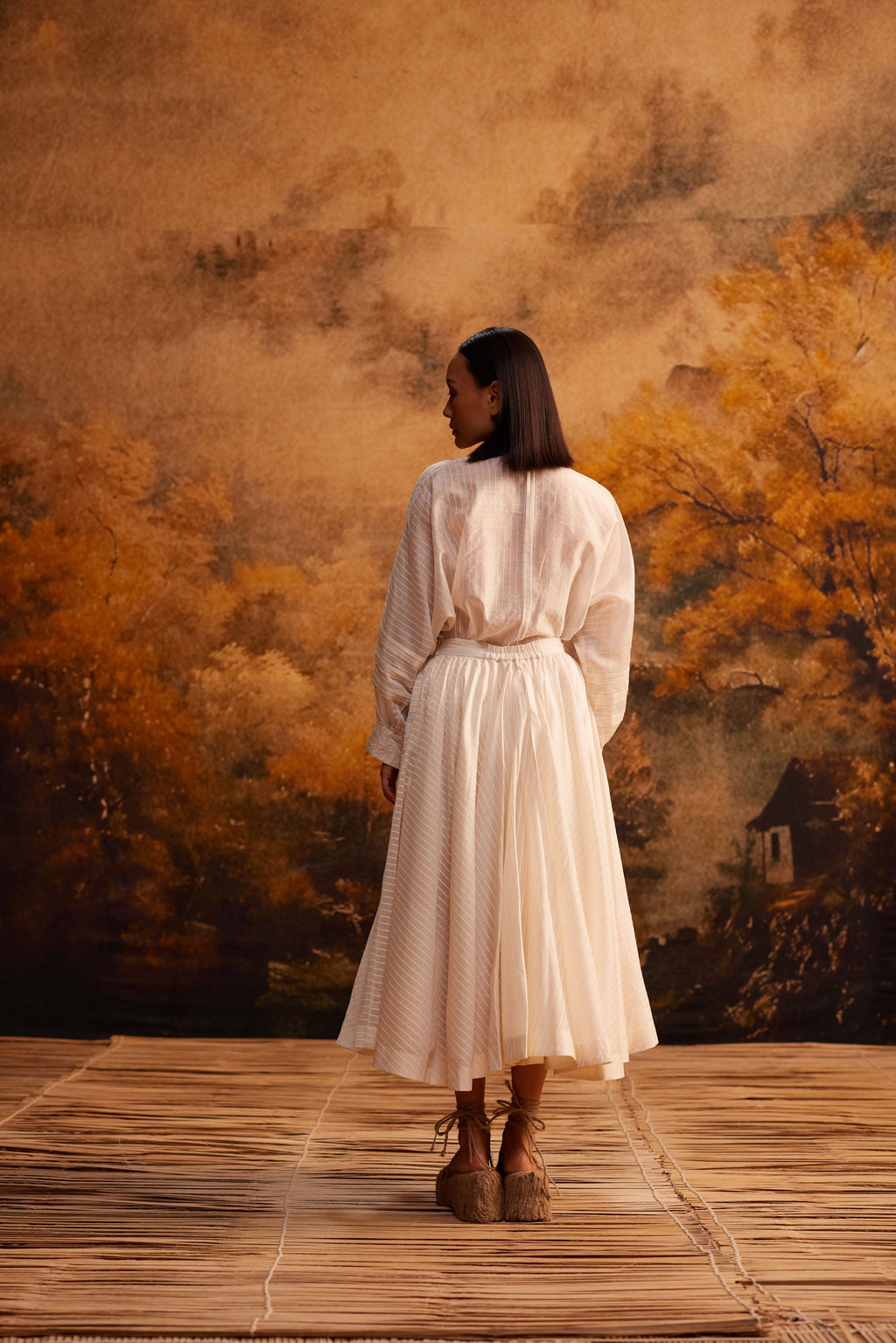 Enso Stripe Skirt at Kamakhyaa by Ahmev. This item is Bottom, Cotton Silk, Ivory, Maximum Minimum by Ahmev, Missing image, Prints, Relaxed Fit, Skirt, Womenswear