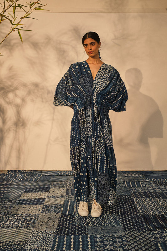 Evening Wear kaftan Dress at Kamakhyaa by Akashii Clothing. This item is 100% Blue Indigo Cotton, Bagru Prints, Blue, Evening Wear, handmade, Kaftan Dresses, Neeli by Akashi Clothing, Organic, Relaxed Fit