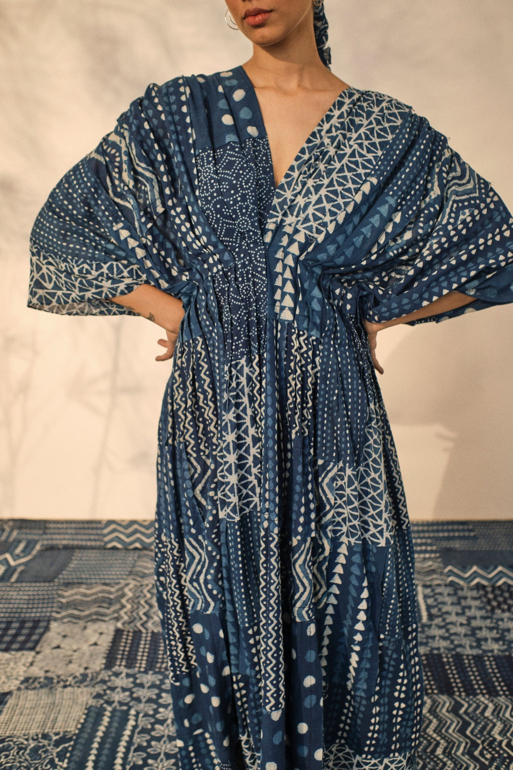 Evening Wear kaftan Dress at Kamakhyaa by Akashii Clothing. This item is 100% Blue Indigo Cotton, Bagru Prints, Blue, Evening Wear, handmade, Kaftan Dresses, Neeli by Akashi Clothing, Organic, Relaxed Fit