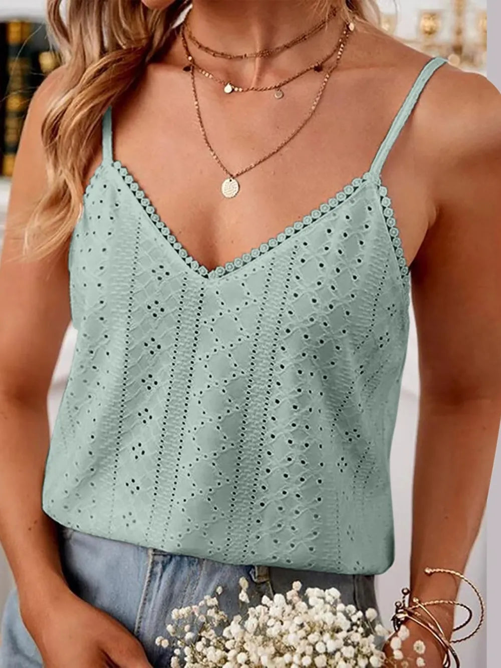Eyelet Lace Detail V-Neck Cami at kamakhyaa.com by Trendsi. This item is Ship From Overseas, Under $100, W.L.S