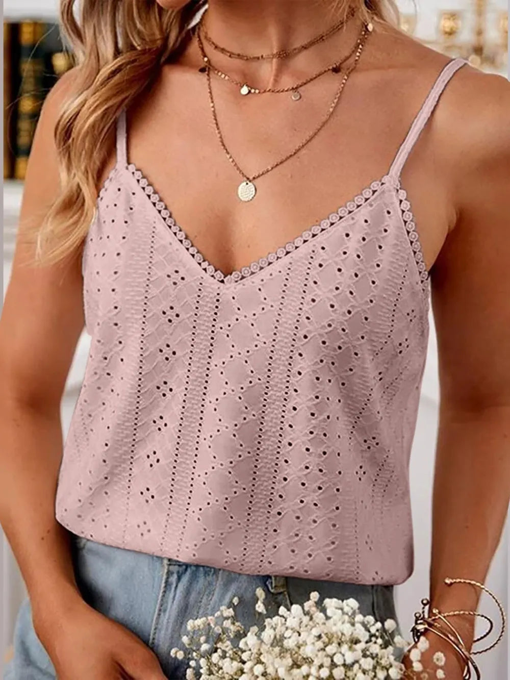 Eyelet Lace Detail V-Neck Cami at kamakhyaa.com by Trendsi. This item is Ship From Overseas, Under $100, W.L.S