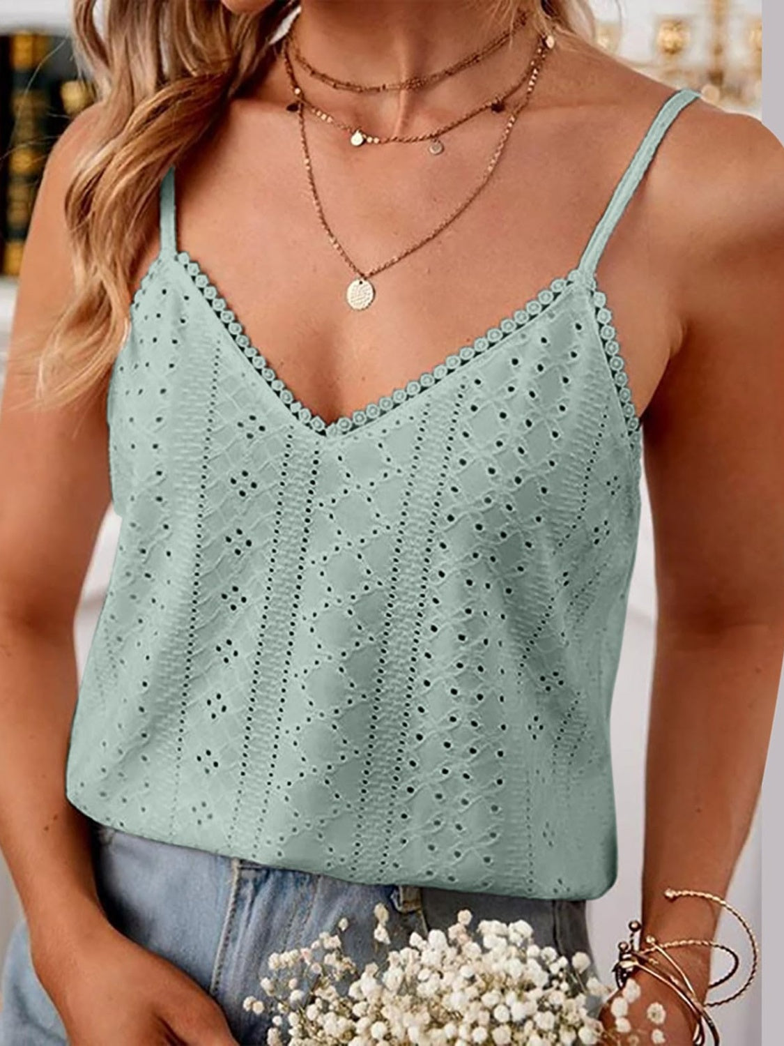 Eyelet Lace Detail V-Neck Cami at Kamakhyaa by Trendsi. This item is Ship From Overseas, Trendsi, W.L.S