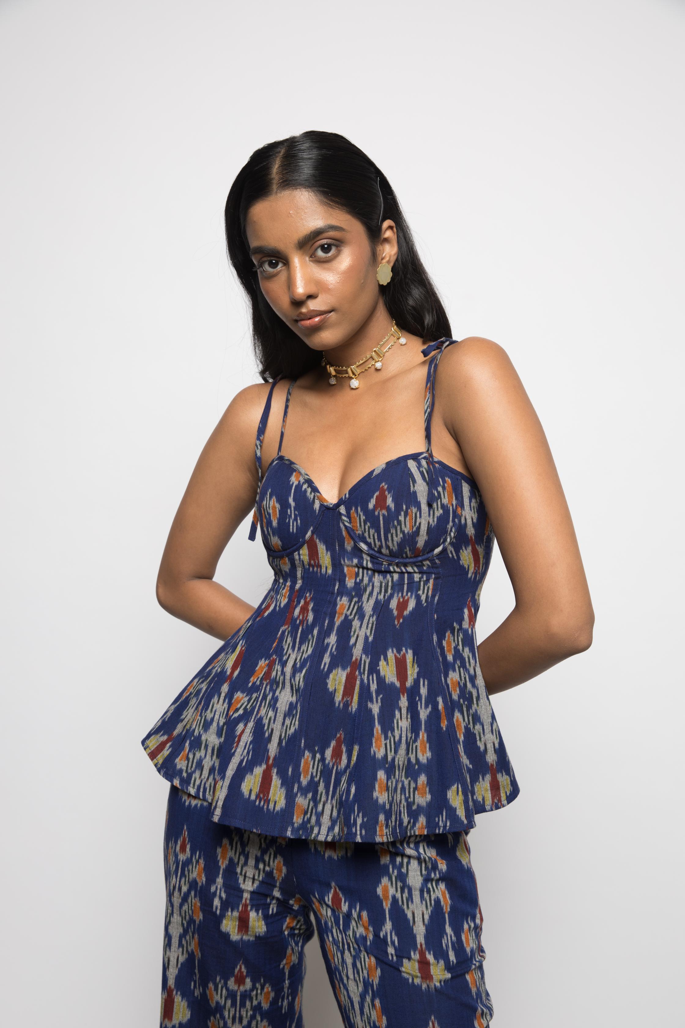 Fit & Flare Corset at kamakhyaa.com by Anushé Pirani. This item is 100% Cotton, Beach Wear, Blue, Brunch Wear, Casual Wear, Console Collection List, Cotton, Fresh Ink by Anushe Pirani, Handwoven cotton, Ikat Prints, Regular Fit, Resort Wear, Royal Blue, Vacation Wear, Womenswear