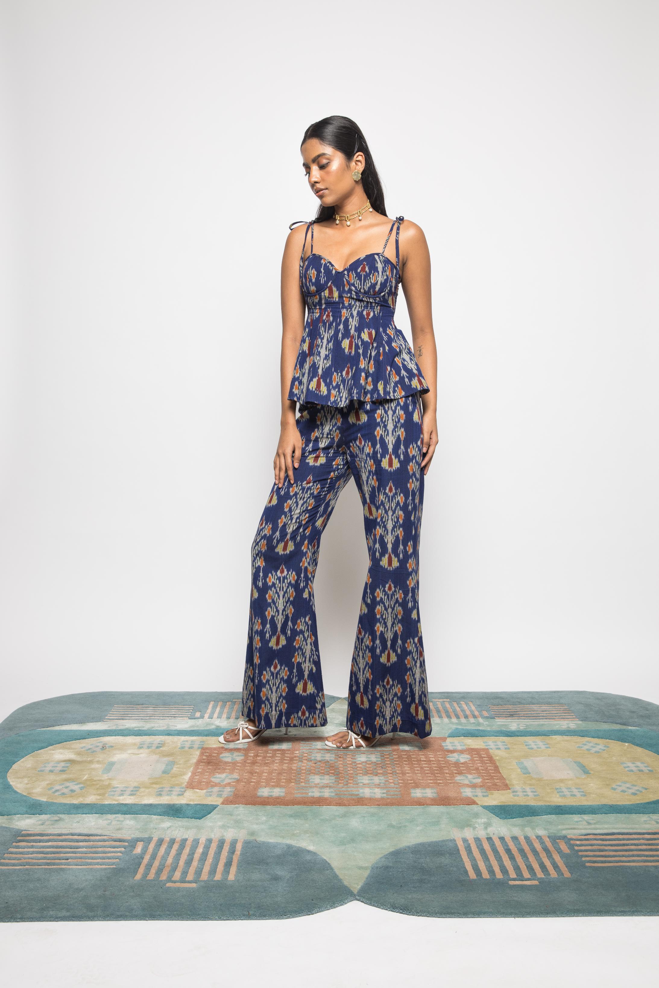 Fit & Flare Corset at kamakhyaa.com by Anushé Pirani. This item is 100% Cotton, Beach Wear, Blue, Brunch Wear, Casual Wear, Console Collection List, Cotton, Fresh Ink by Anushe Pirani, Handwoven cotton, Ikat Prints, Regular Fit, Resort Wear, Royal Blue, Vacation Wear, Womenswear