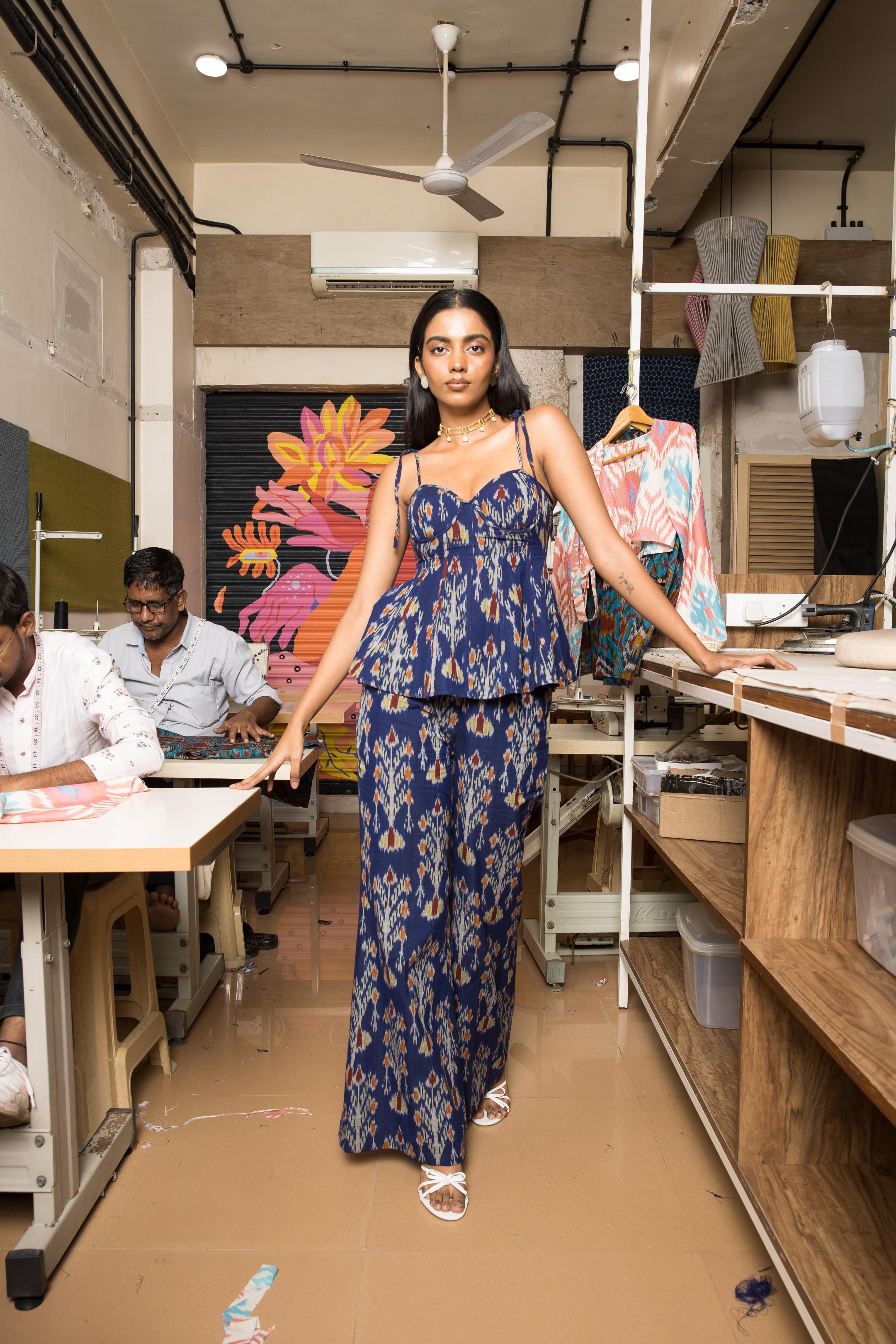 Fit & Flare Corset at kamakhyaa.com by Anushé Pirani. This item is 100% Cotton, Beach Wear, Blue, Brunch Wear, Casual Wear, Console Collection List, Cotton, Fresh Ink by Anushe Pirani, Handwoven cotton, Ikat Prints, Regular Fit, Resort Wear, Royal Blue, Vacation Wear, Womenswear