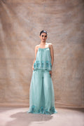 Flared Tunic Pant Set at Kamakhyaa by Akashi Clothing. This item is Blue, Co-ord Sets, Complete Sets, Festive Wear, Hand Embroidered, Kurta Pant Sets, Loose Fit, missing, Modal Satin, Organza, Party Wear, Teal Blue, Wedding Wear, Womenswear, Zaira by Akashi Clothing