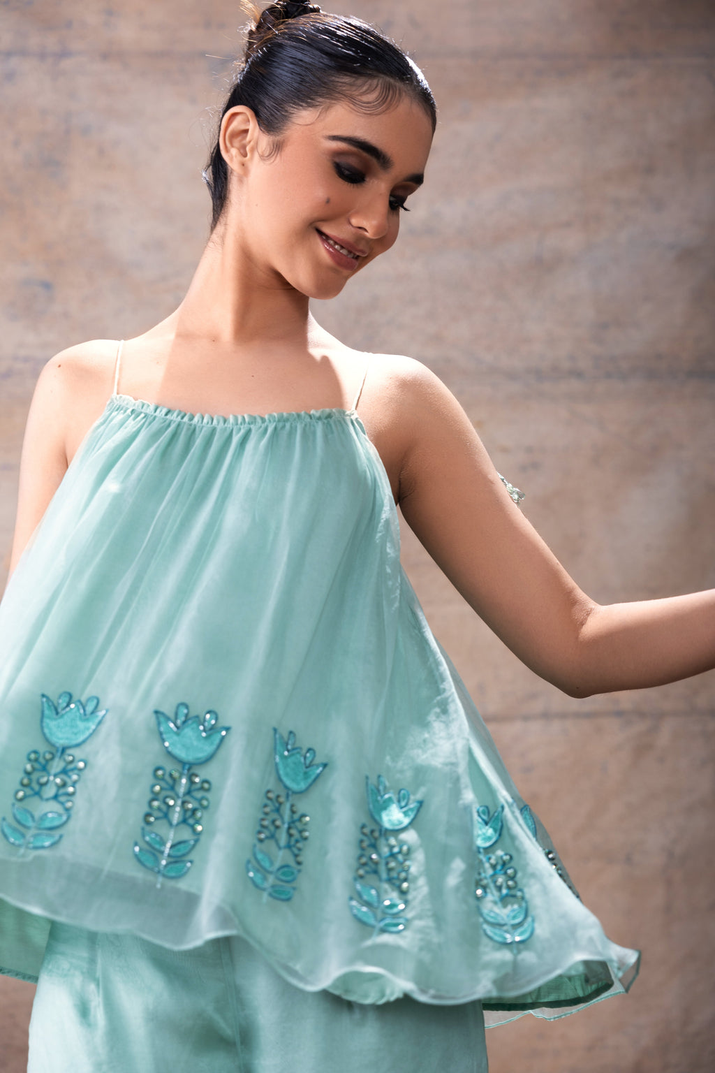 Flared Tunic Pant Set at Kamakhyaa by Akashi Clothing. This item is Blue, Co-ord Sets, Complete Sets, Festive Wear, Hand Embroidered, Kurta Pant Sets, Loose Fit, missing, Modal Satin, Organza, Party Wear, Teal Blue, Wedding Wear, Womenswear, Zaira by Akashi Clothing