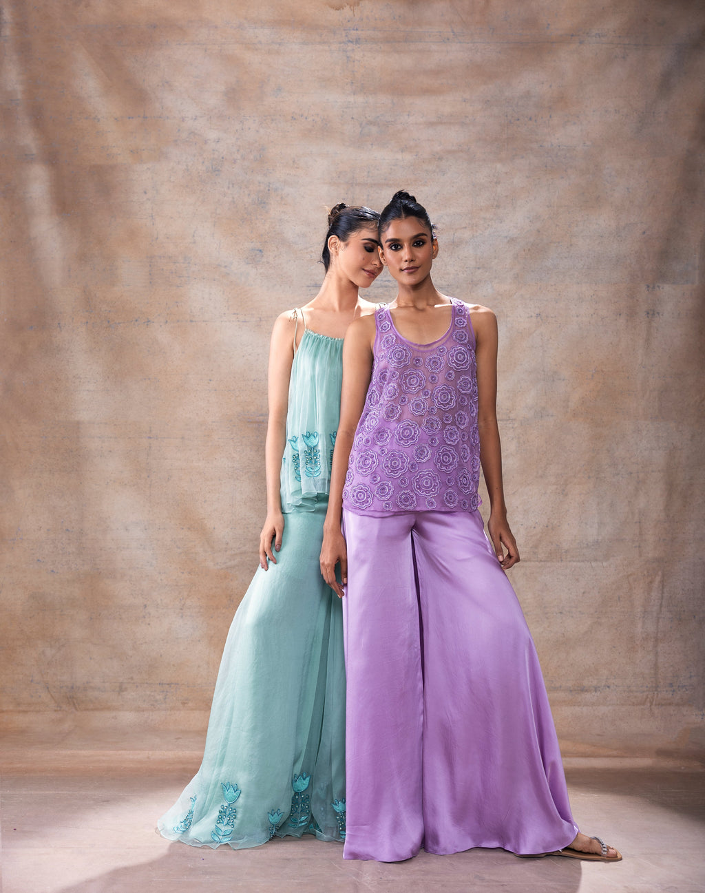 Flared Tunic Pant Set at Kamakhyaa by Akashi Clothing. This item is Blue, Co-ord Sets, Complete Sets, Festive Wear, Hand Embroidered, Kurta Pant Sets, Loose Fit, missing, Modal Satin, Organza, Party Wear, Teal Blue, Wedding Wear, Womenswear, Zaira by Akashi Clothing