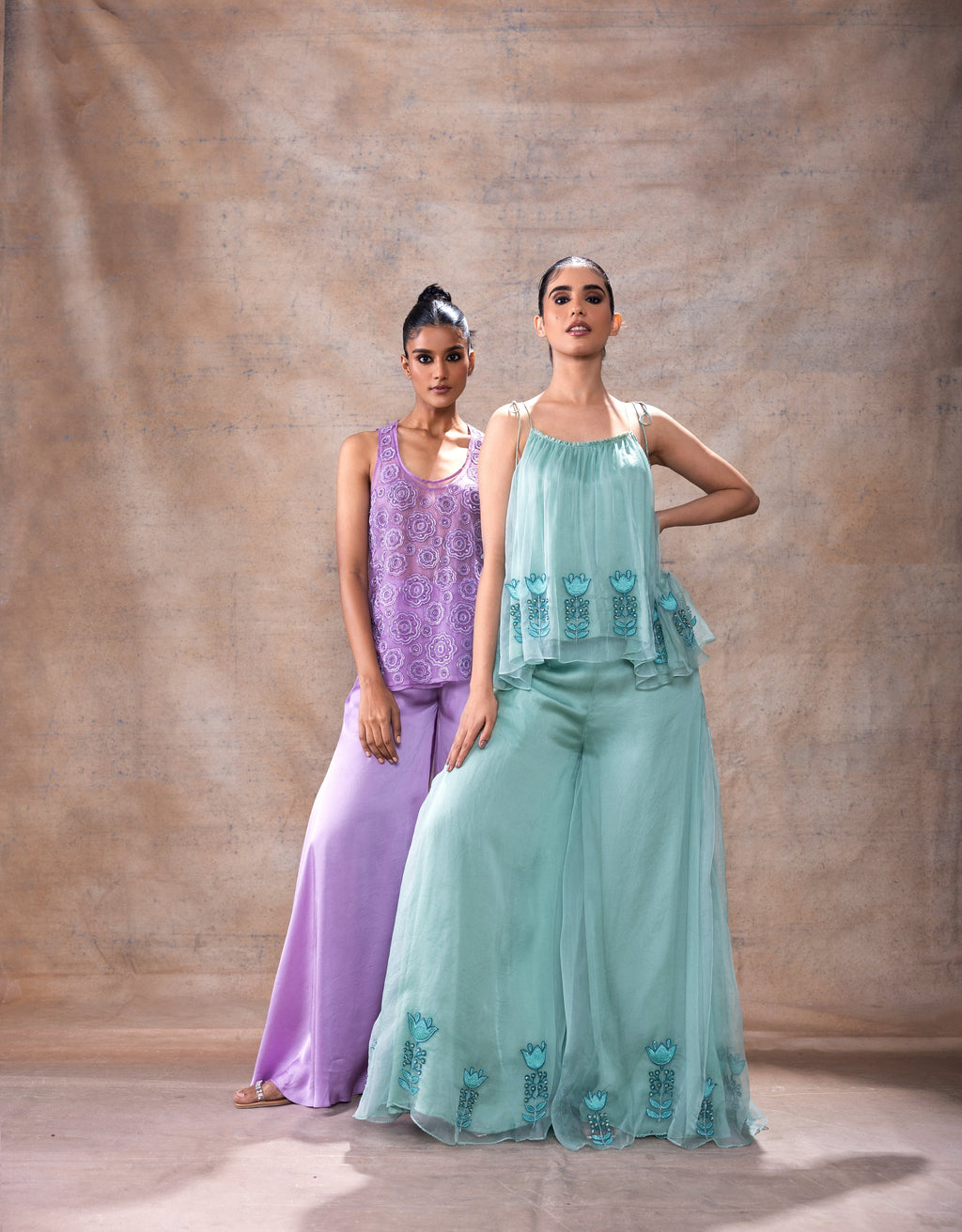 Flared Tunic Pant Set at Kamakhyaa by Akashi Clothing. This item is Blue, Co-ord Sets, Complete Sets, Festive Wear, Hand Embroidered, Kurta Pant Sets, Loose Fit, missing, Modal Satin, Organza, Party Wear, Teal Blue, Wedding Wear, Womenswear, Zaira by Akashi Clothing