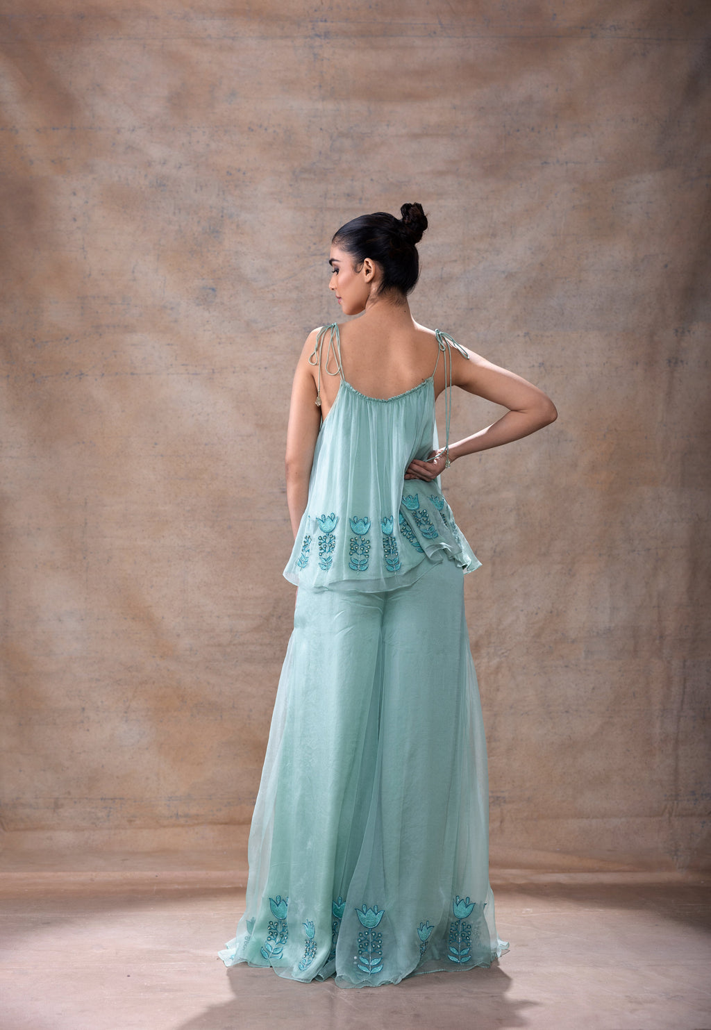 Flared Tunic Pant Set at Kamakhyaa by Akashi Clothing. This item is Blue, Co-ord Sets, Complete Sets, Festive Wear, Hand Embroidered, Kurta Pant Sets, Loose Fit, missing, Modal Satin, Organza, Party Wear, Teal Blue, Wedding Wear, Womenswear, Zaira by Akashi Clothing