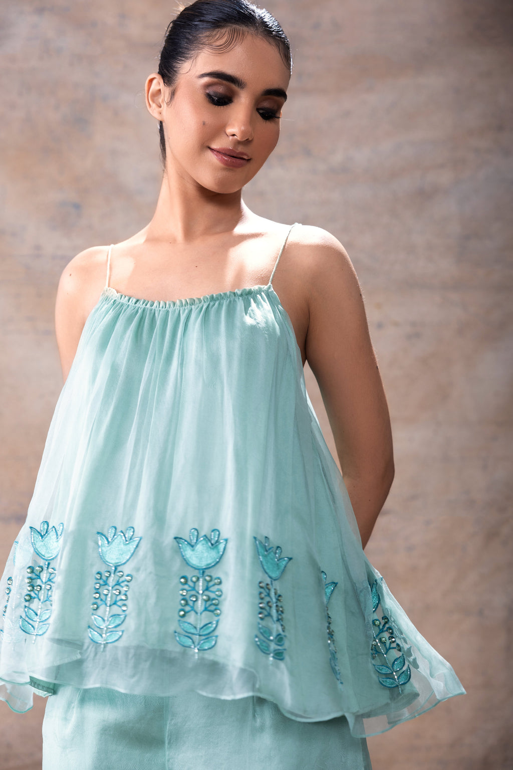 Flared Tunic Pant Set at Kamakhyaa by Akashi Clothing. This item is Blue, Co-ord Sets, Complete Sets, Festive Wear, Hand Embroidered, Kurta Pant Sets, Loose Fit, missing, Modal Satin, Organza, Party Wear, Teal Blue, Wedding Wear, Womenswear, Zaira by Akashi Clothing