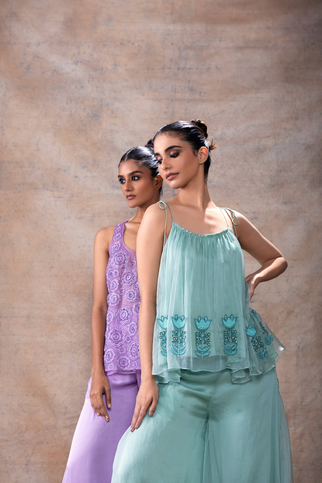 Flared Tunic Pant Set at Kamakhyaa by Akashi Clothing. This item is Blue, Co-ord Sets, Complete Sets, Festive Wear, Hand Embroidered, Kurta Pant Sets, Loose Fit, missing, Modal Satin, Organza, Party Wear, Teal Blue, Wedding Wear, Womenswear, Zaira by Akashi Clothing