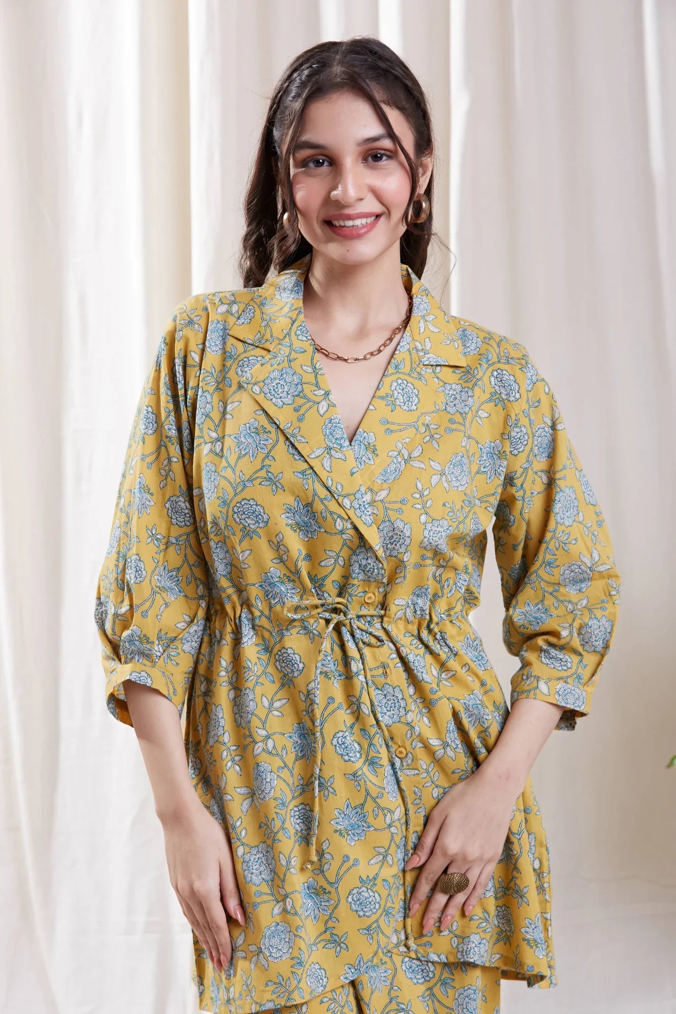 Floral Print Yellow Co-ord Set at Kamakhyaa by Hasttvam. This item is Cotton, Floral, Fusion Wear, Natural dyes, Relaxed Fit, Respondible production and Vegan, Yellow