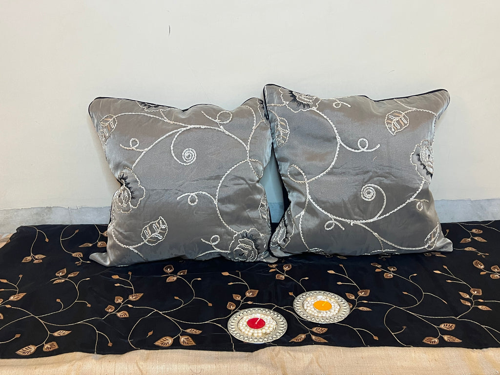 Floral Tapestry Cushion Cover Sets at Kamakhyaa by Aetherea. This item is 100% Cotton, Black, Cushion covers, Embroidered, Home, ivory, Piping, Rose, Sheer, Upcycled